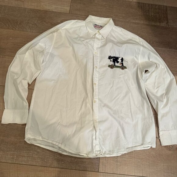 MISE AU GREEN WHITE LONG SLEEVE MENS BUTTON SHIRT EMBROIDERED COW LARGE - Picture 1 of 8